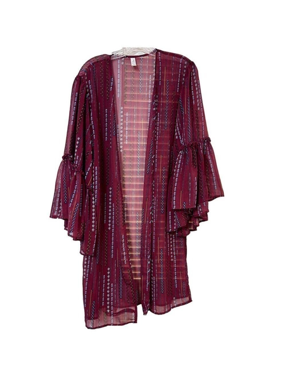 I Love Maroon Diamond Print Kimono Ruffle Sleeve Open Front Size S